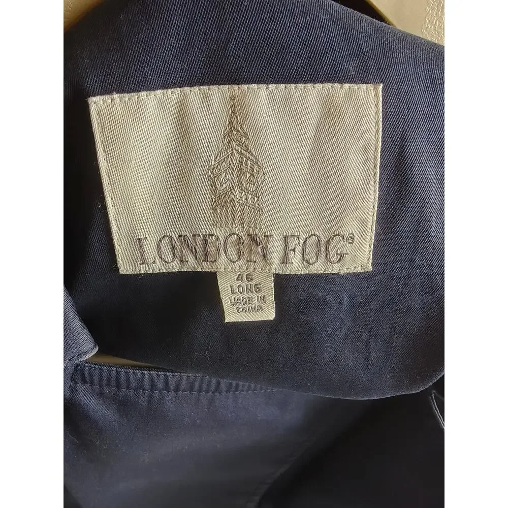London Fog Men's Navy Trench Coat Size 46 Long Double Breasted Belted Coat